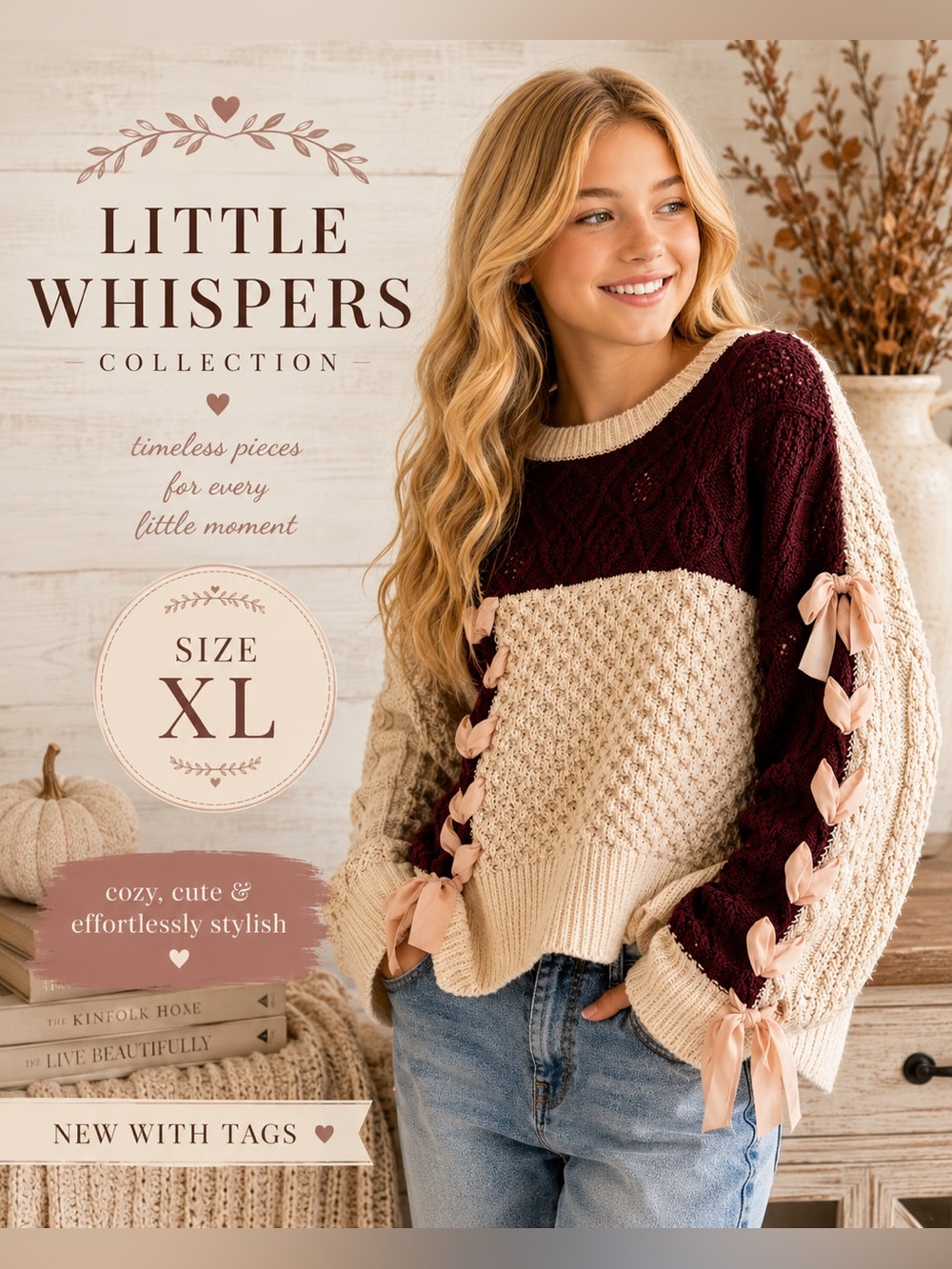 NWT Little Whispers Colorblock Ribbon Sleeve Cable Knit Sweater Girls XL